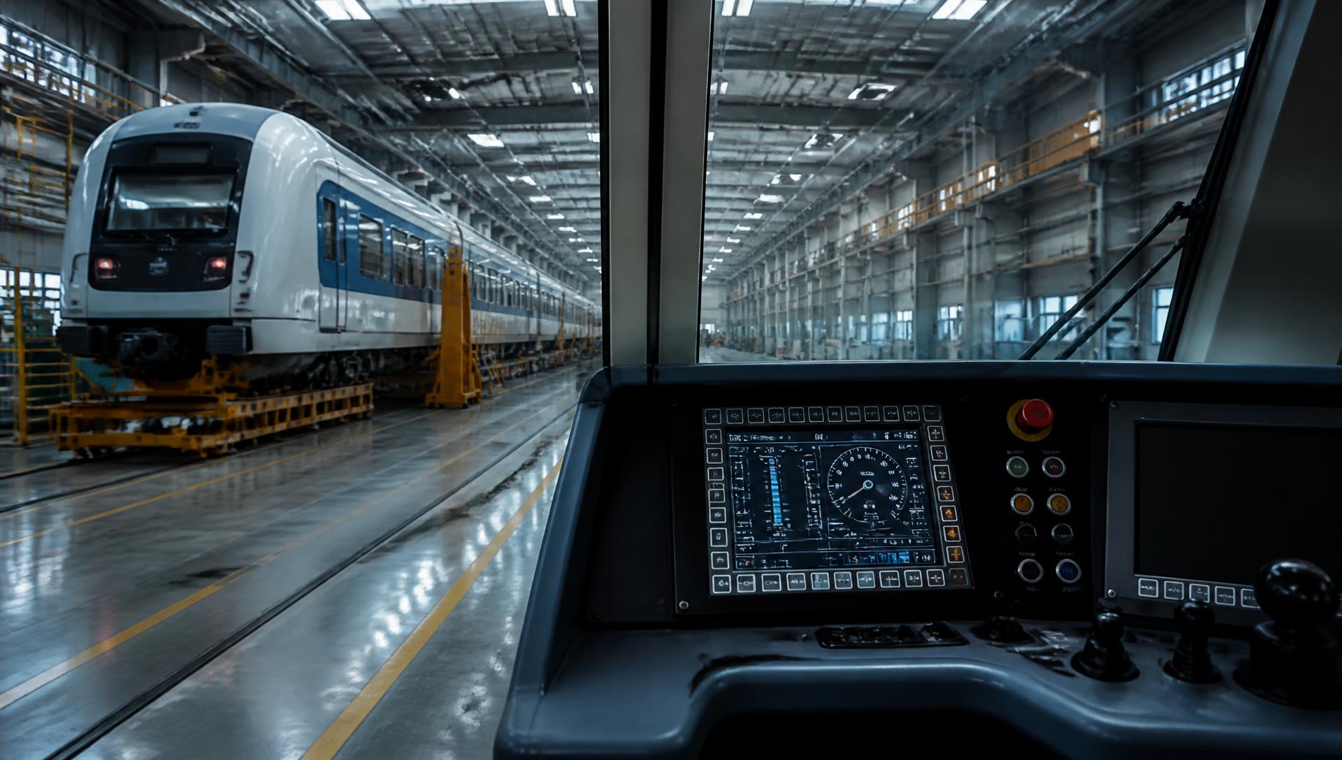 Bordrechner im Führerstand eines Zuges in der Fertigungshalle