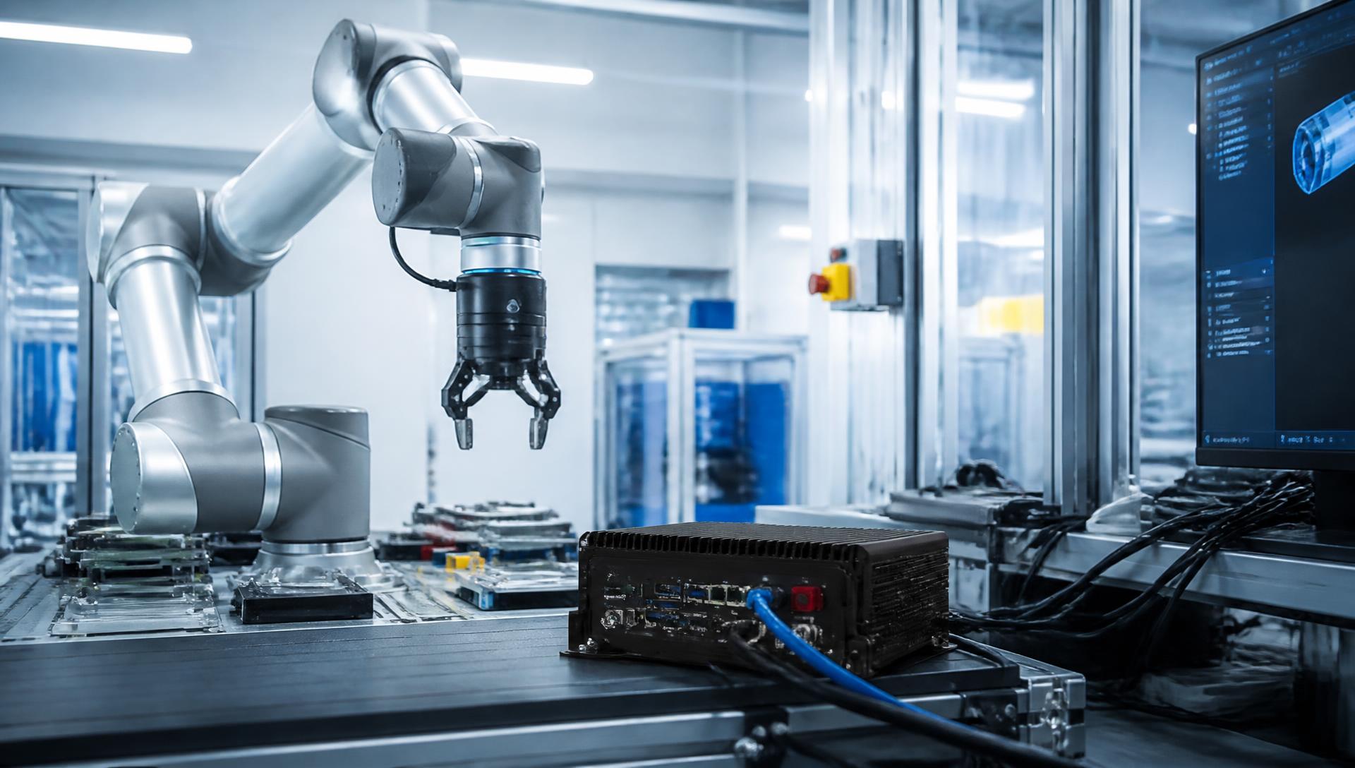 Edge-AI Box-PC neben einem Roboterarm in der Automation